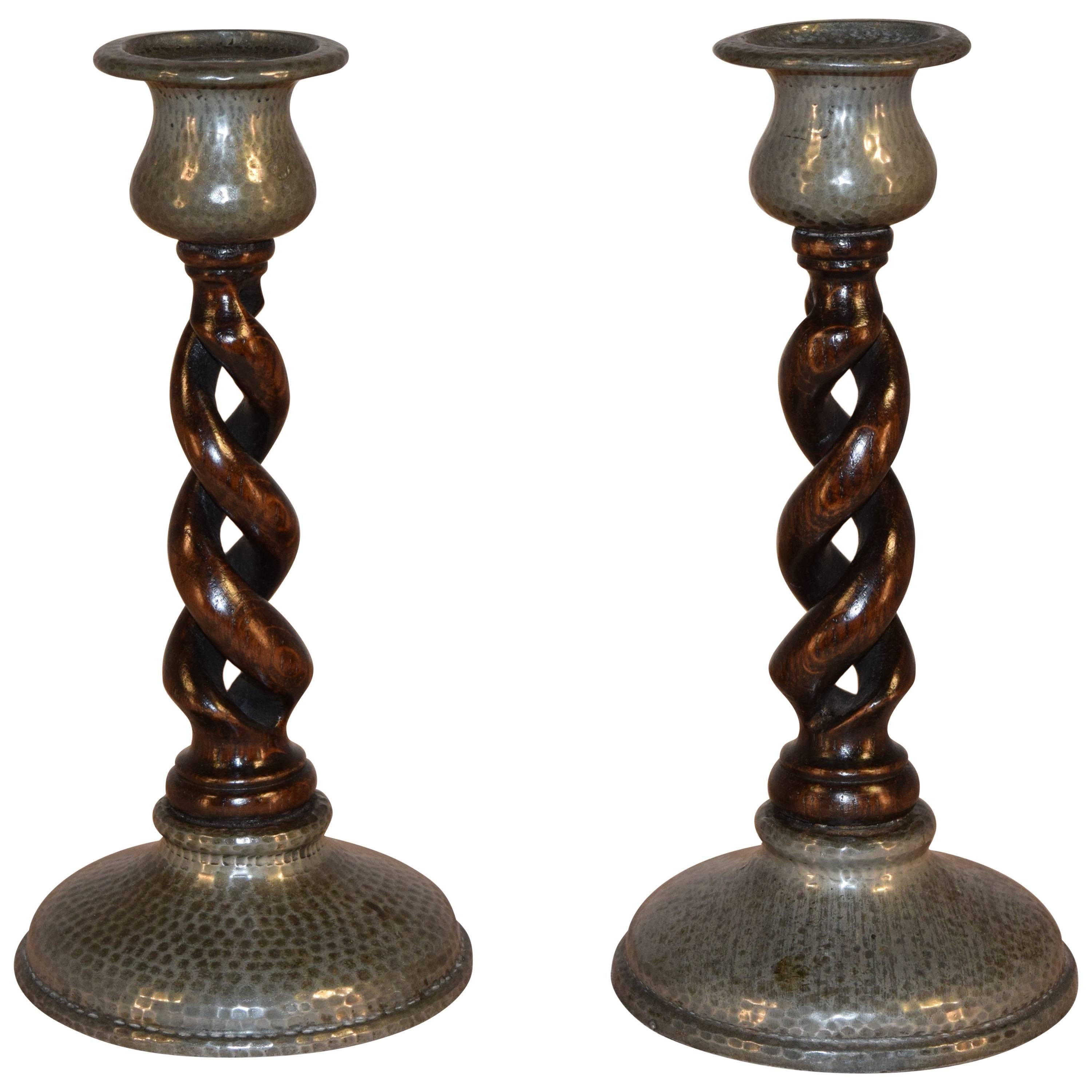 Pair of Pewter and Oak Candlesticks, circa 1920