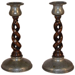 Antique Pair of Pewter and Oak Candlesticks, circa 1920