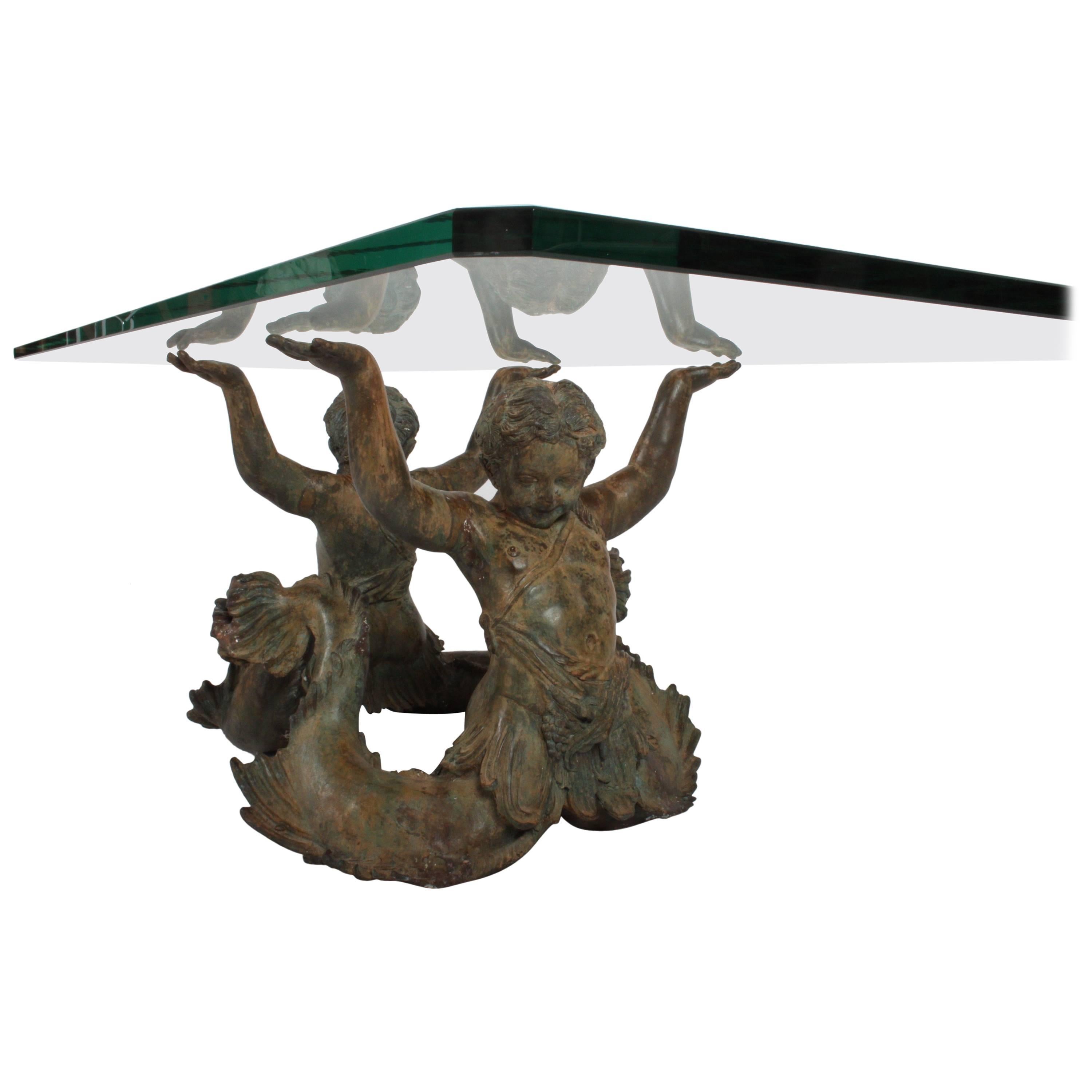 Vintage Bronze Merman or "Putti Di Mare" Coffee Table with Glass Top