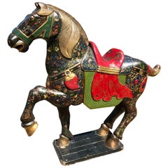 Chinese Horse Sculpture, Hand-Carved & Painted with Gold Gilt, Mid-20th Century