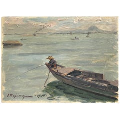 Japan Inviting 1934 "Fishing For The Big One" Oil Painting Signed Y. Kojima
