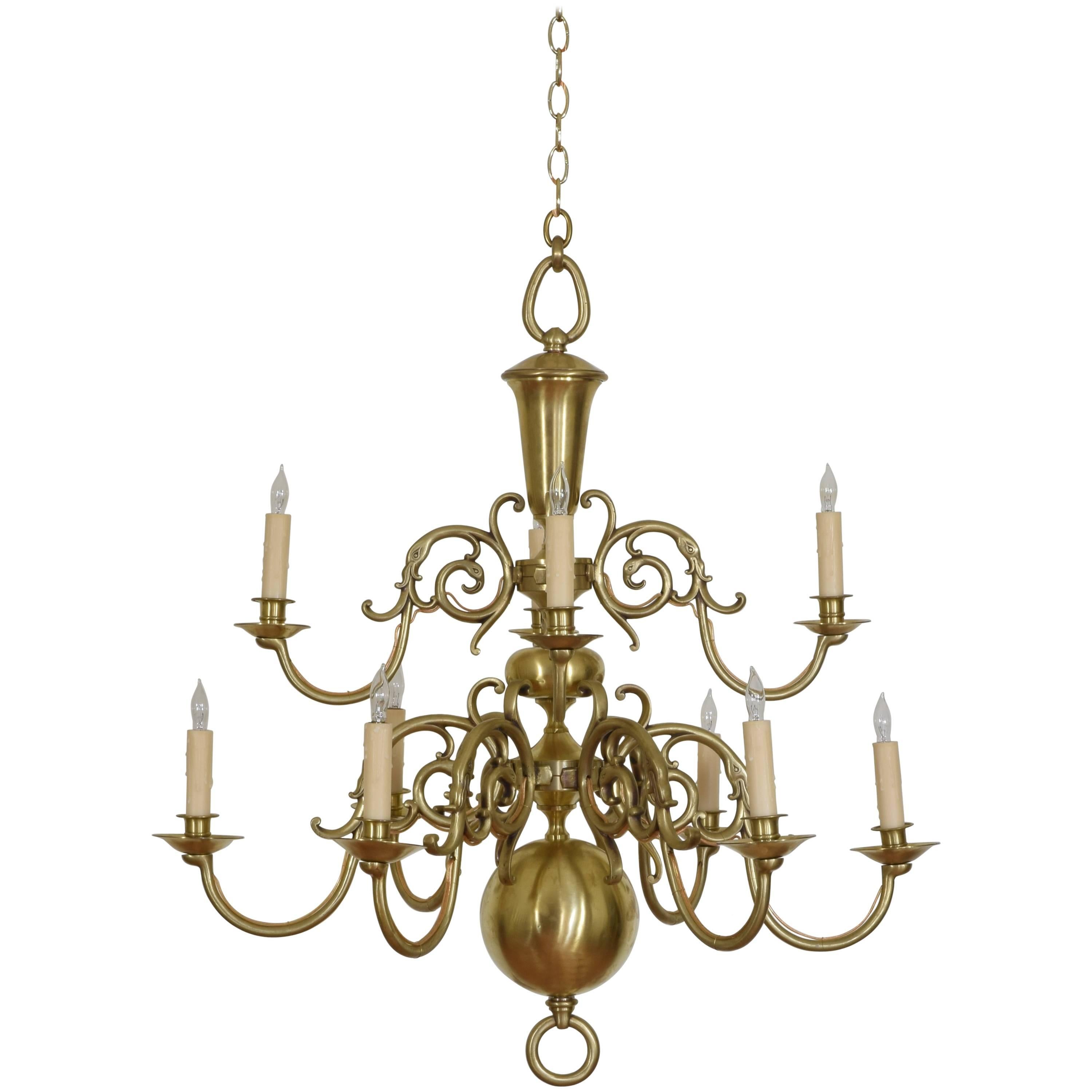 French Baroque Style Brass Ten-Light Two-Tier Chandelier, UL Wired