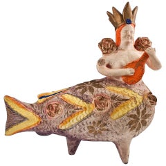Vintage Mid-20th Century Ceramic Mermaid Folk Art Sculpture, Mexico