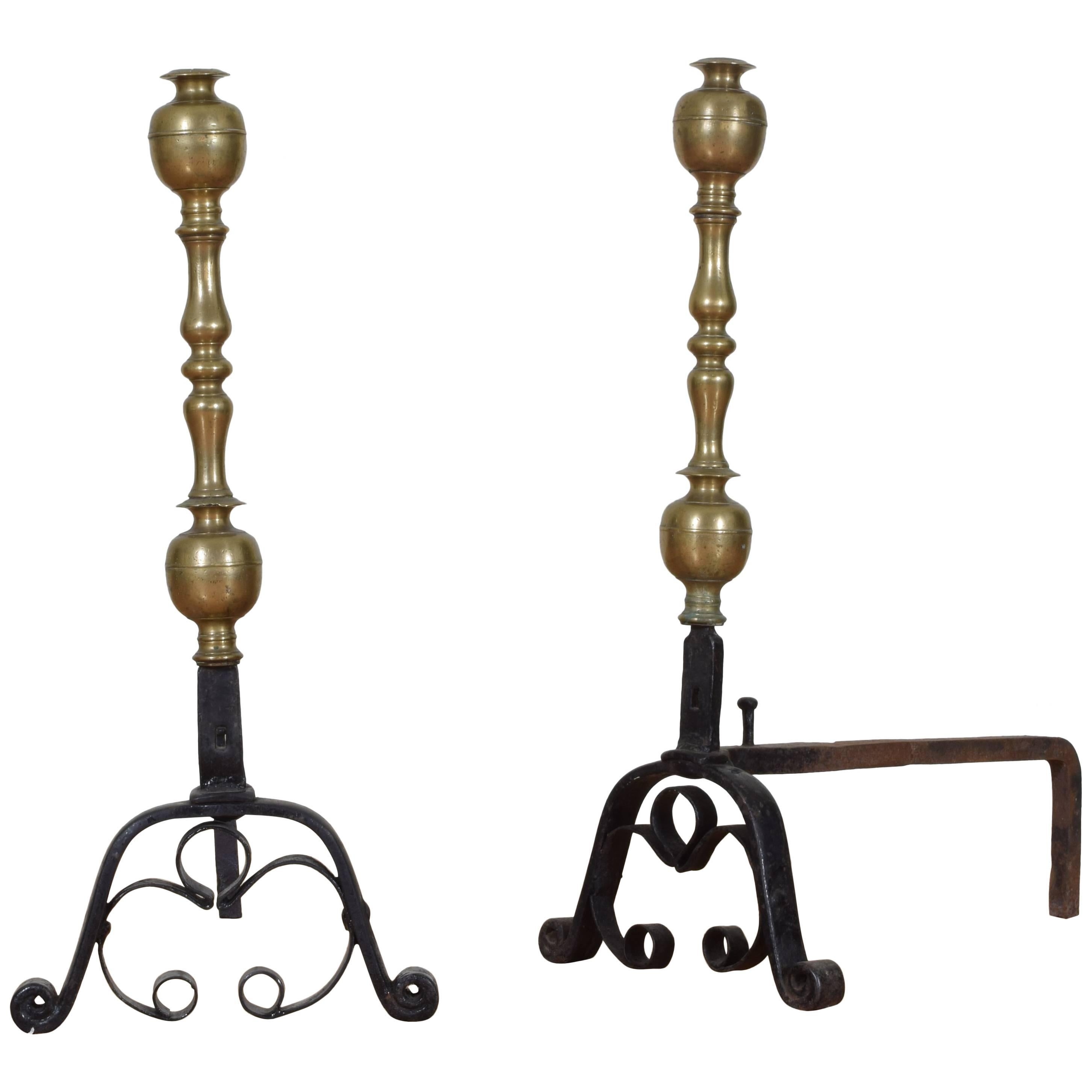 Pair of French Wrought Iron Turned Brass Andirons from the Early 18th Century