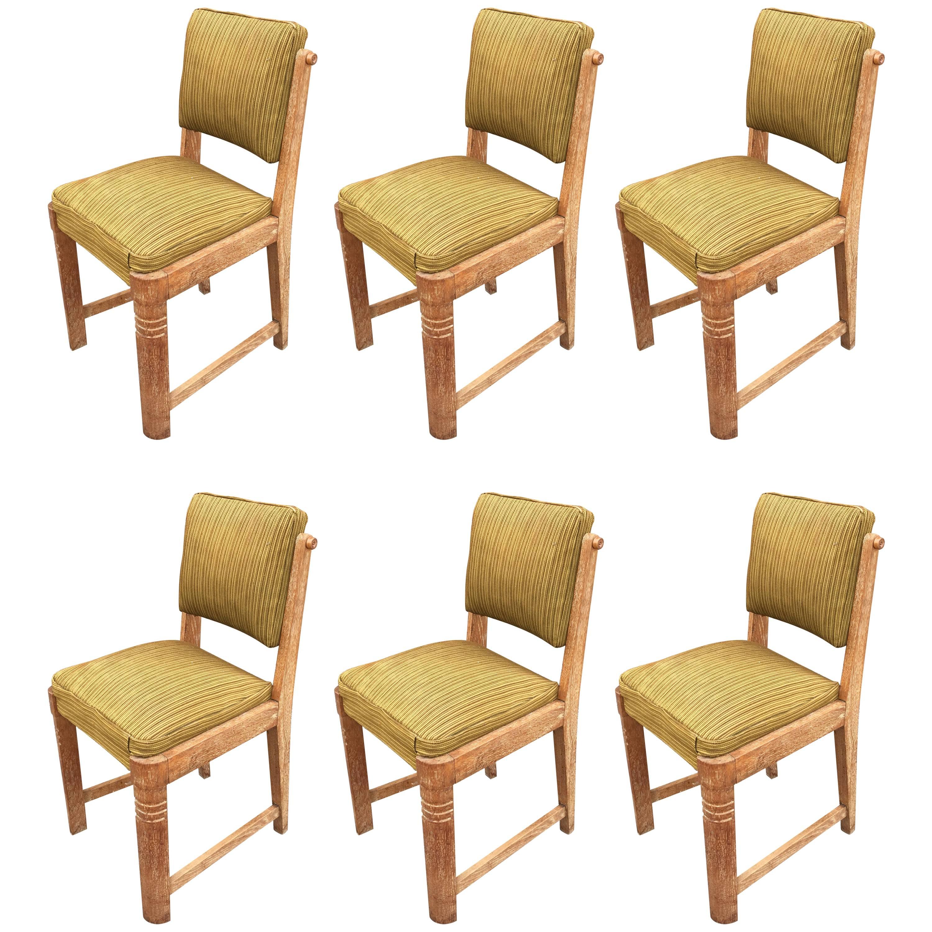 Charles Dudouyt, Set of Six Oak and Velvet Chairs, circa 1940