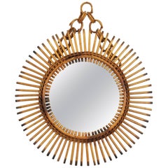 Rare Italian Riviera Rattan and Bamboo Chained Sunburst Mirror, Italy, 1950s