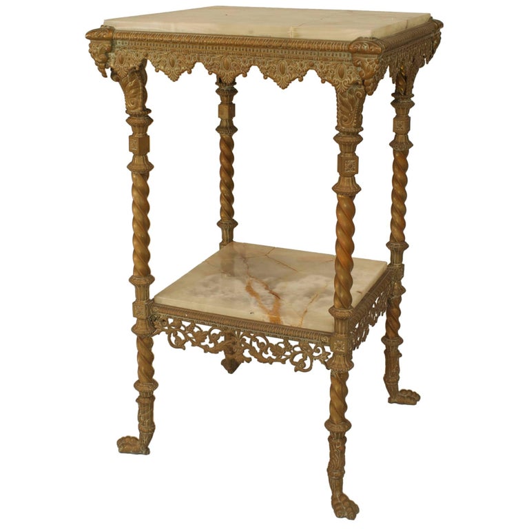American Victorian Brass End Table with Onyx Top and Shelf For Sale at