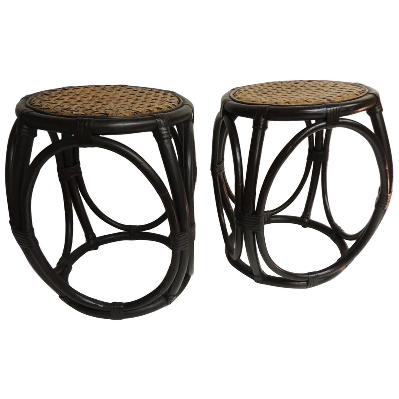 HOLIDAY SALE: Pair of Vintage Bentwood Thonet Style Stools with Wicker Seats