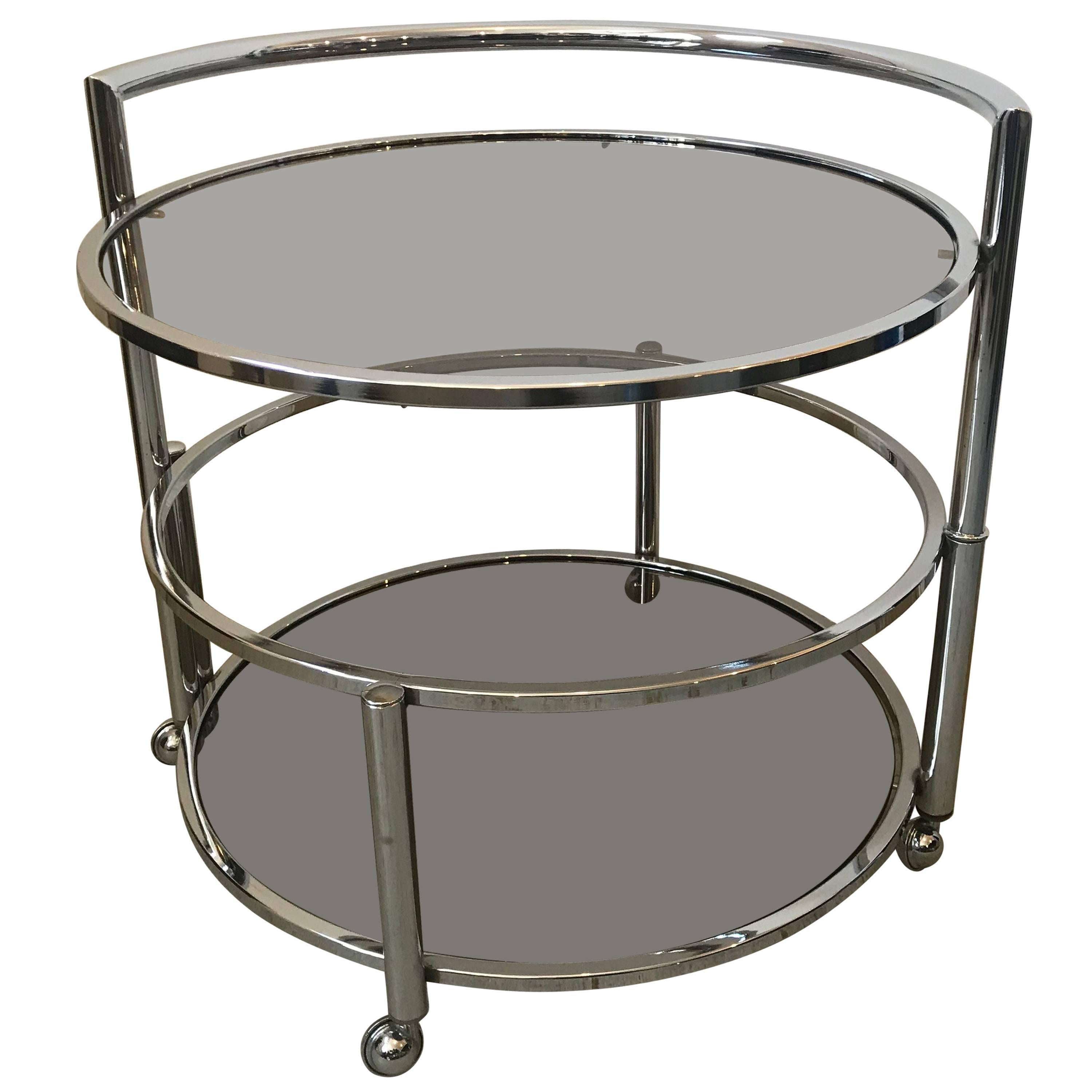 Table d'appoint ou table basse ronde du milieu du siècle à deux niveaux extensible en chrome et verre fumé