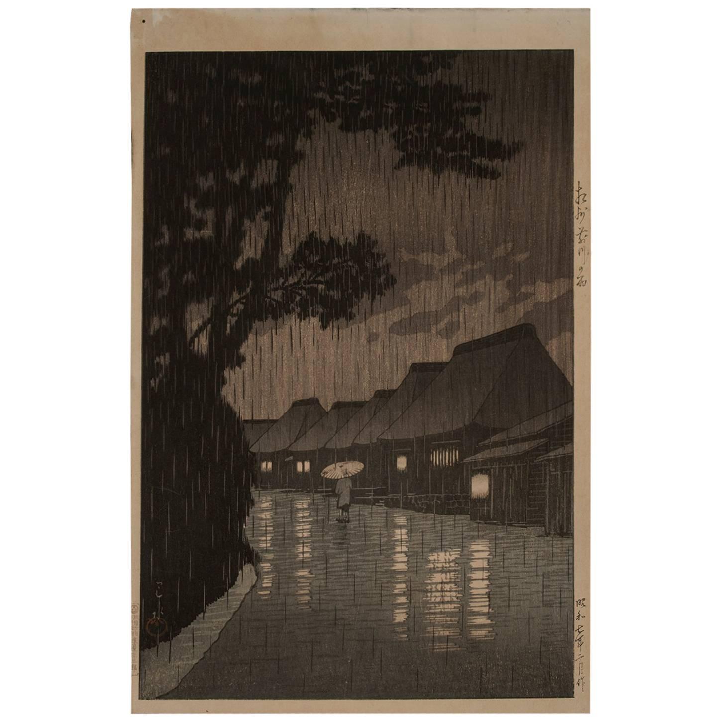Early 20th Century Kawase Hasui Woodblock Print "Rainy Night at Maekawa"