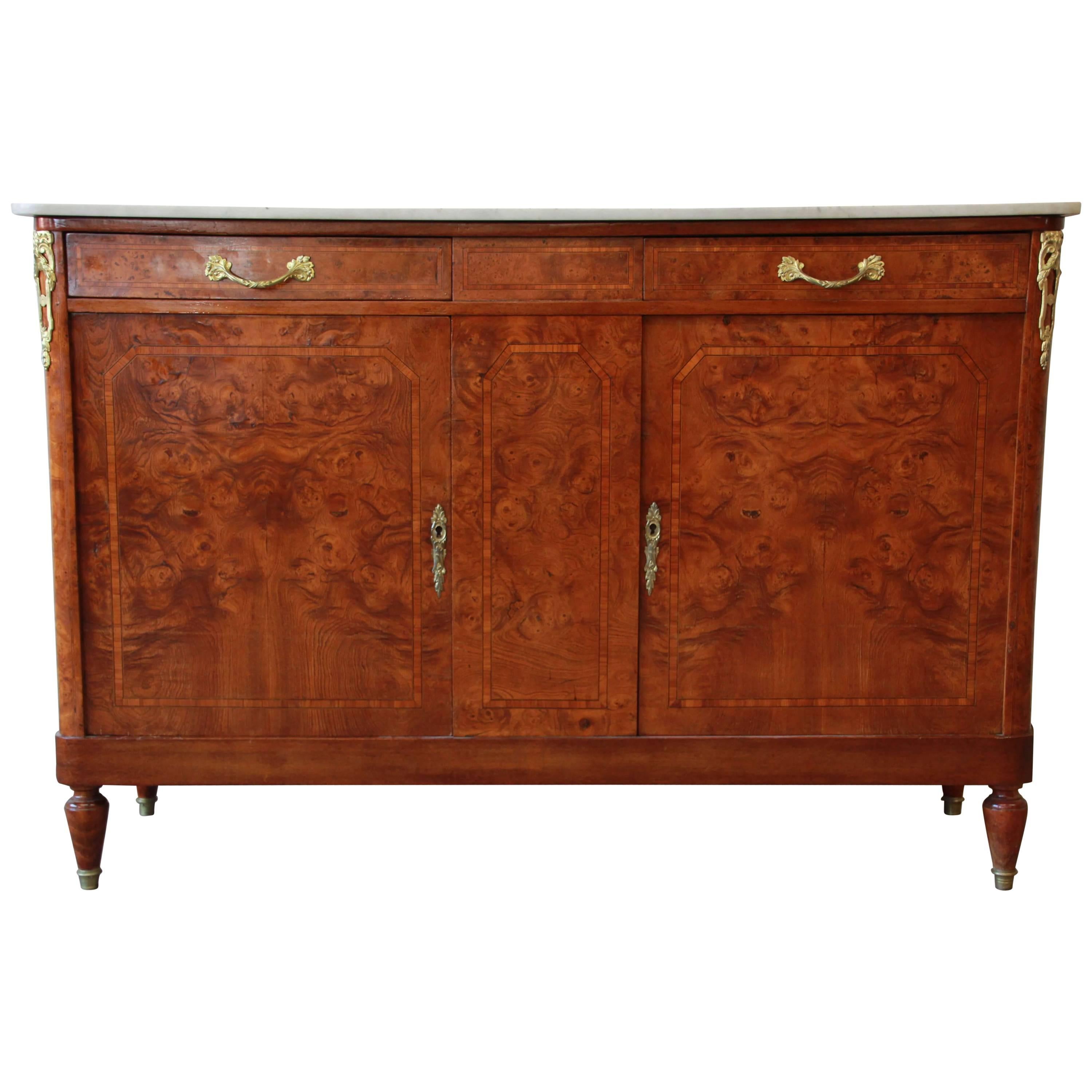 Antique Louis XVI Style Burl Wood Marble-Top Sideboard Credenza