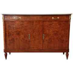 Vintage Louis XVI Style Burl Wood Marble-Top Sideboard Credenza