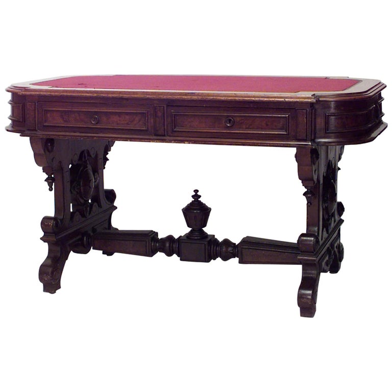 American Victorian Burl Walnut Table Desk For Sale at 1stDibs