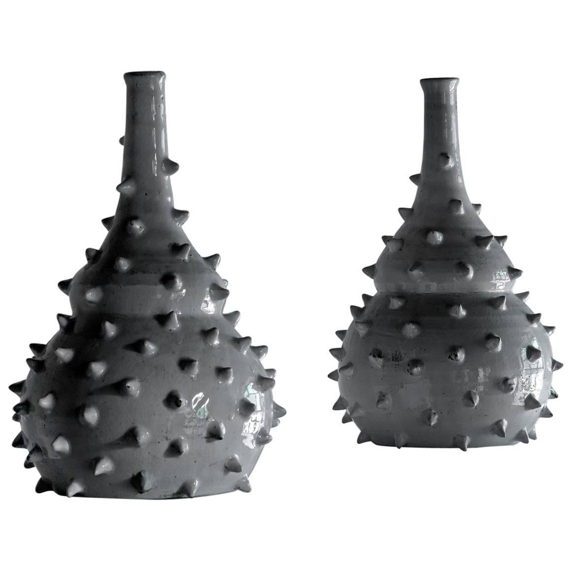 Pair of Very Unusual Spiked Ceramic Vases, France, 1960s