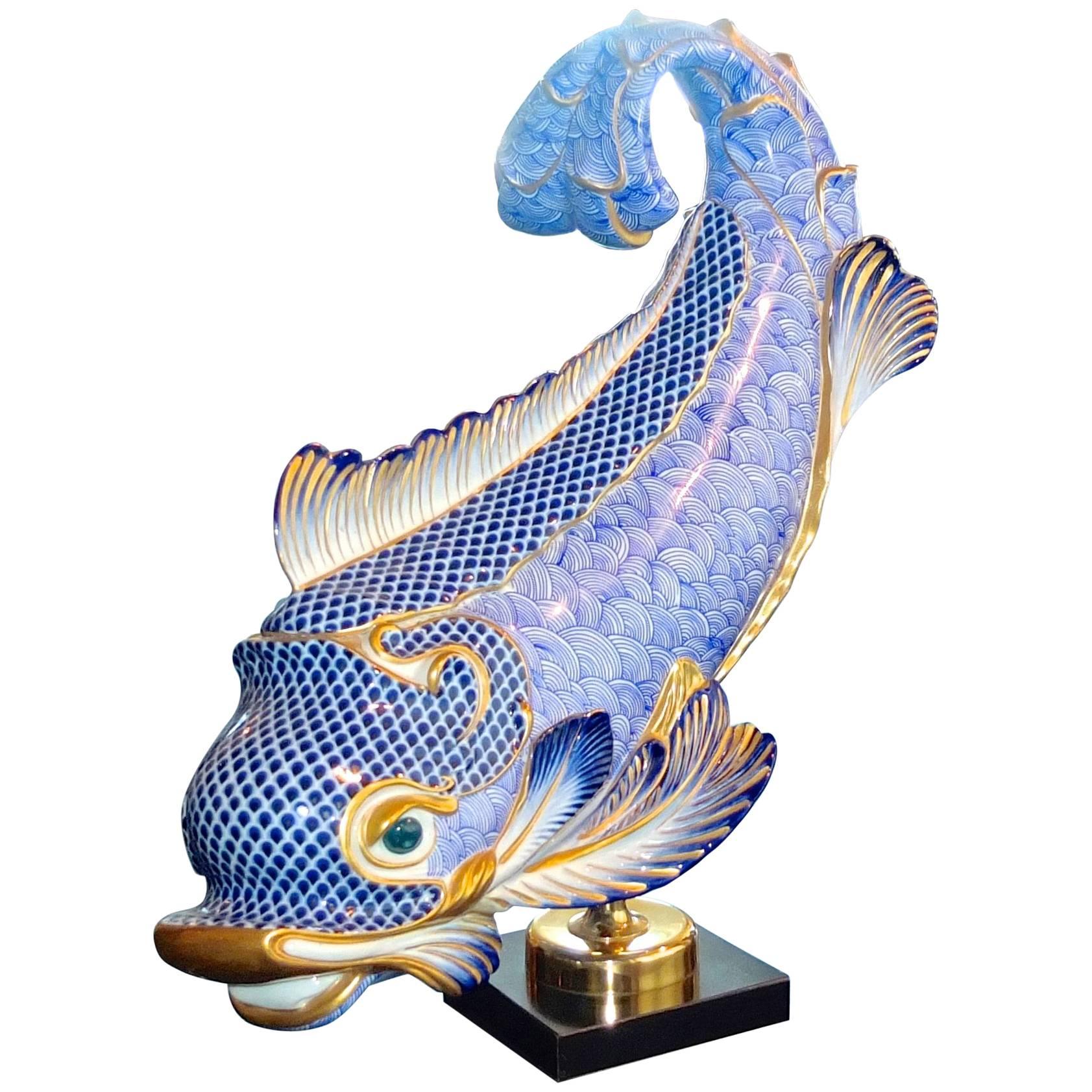 Giulia Mangani for Oggetti Italy Blue & White Gilt Porcelain Dolphin on Stand