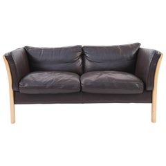 Danish Midcentury Beech and Leather Loveseat Sofa