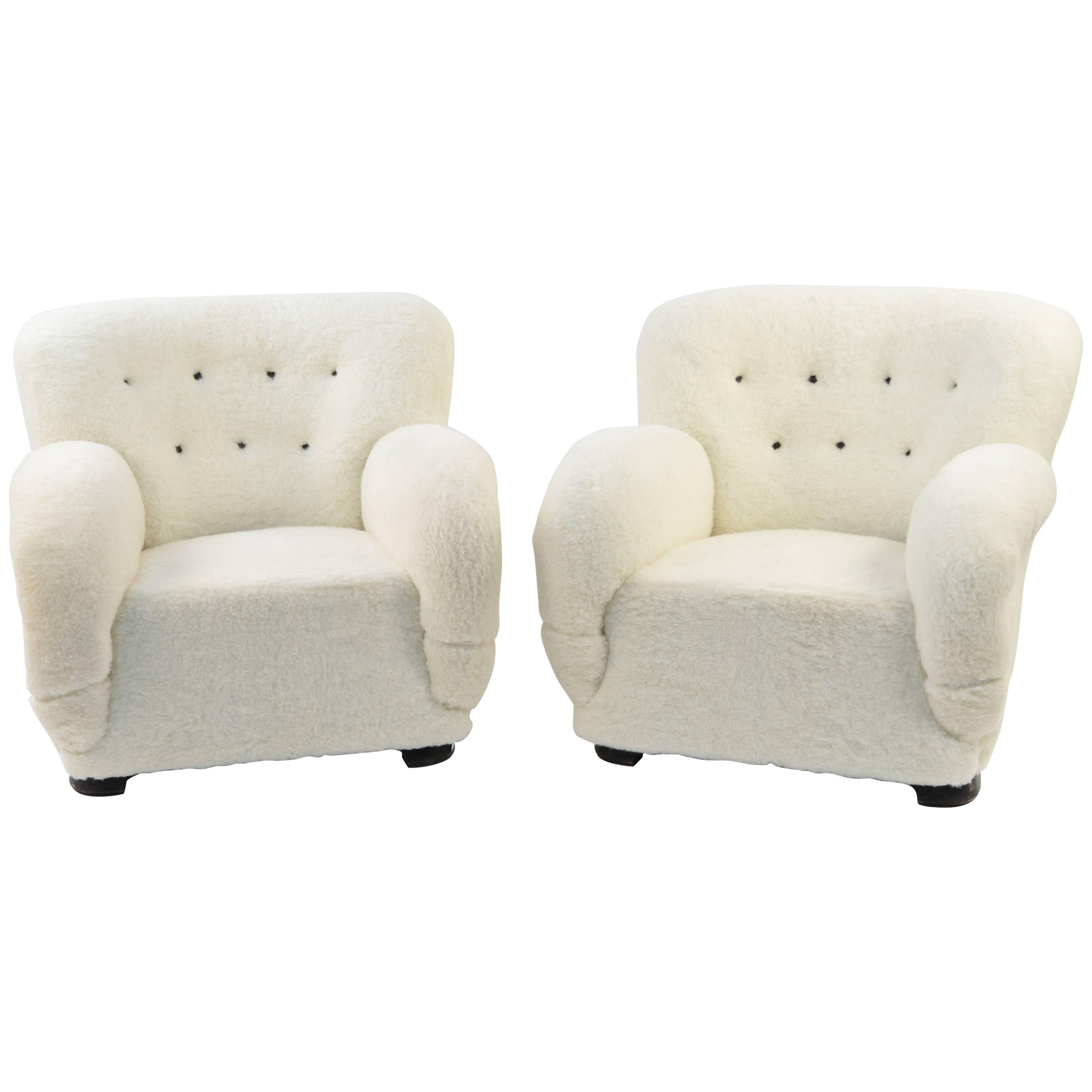 Pair of Danish Easy Chairs Upholstered in Lamb's Wool