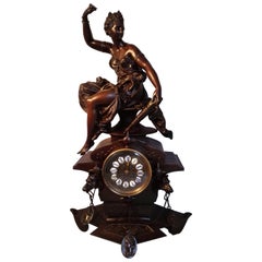 19th Century Art Nouveau Diana Sculpture Mantel Clock Bronze Medaille Clockwork