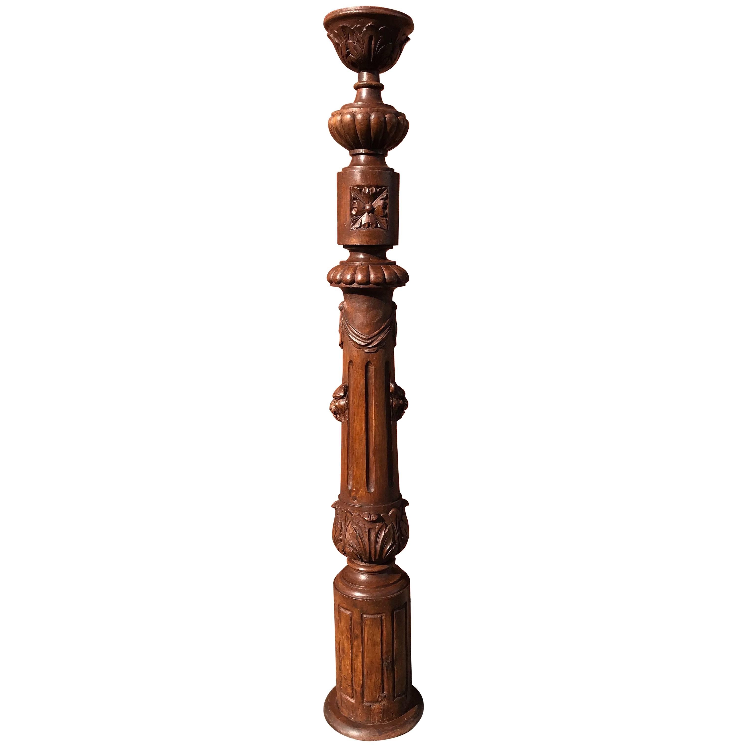 Impressive Wooden Stair Newel Post or Display Pedestal with Carved Lion Heads For Sale