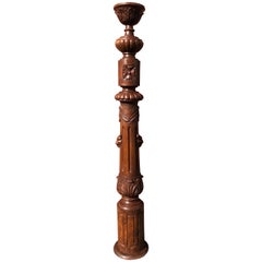 Antique Impressive Wooden Stair Newel Post or Display Pedestal with Carved Lion Heads