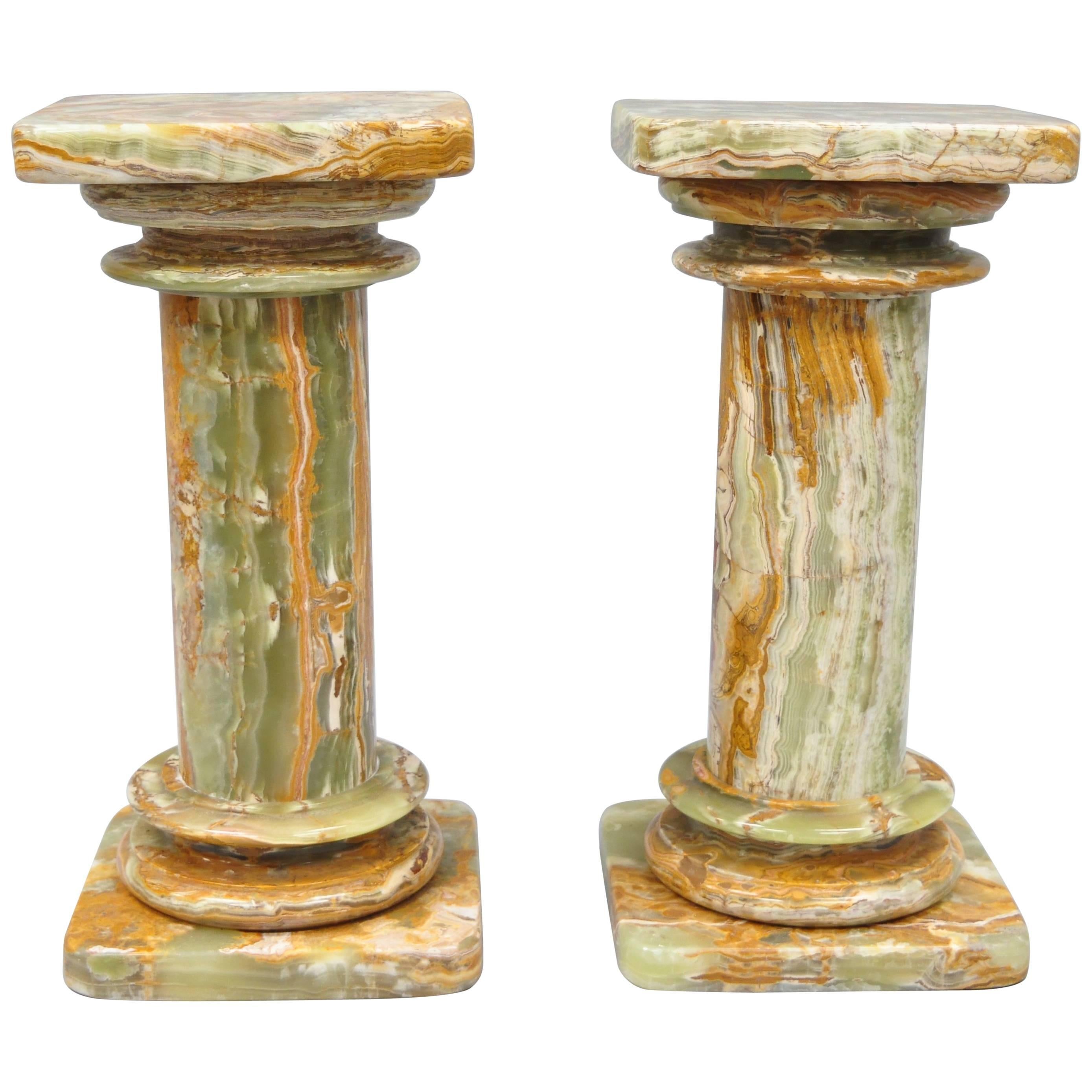 Pair of Low Italian Style Green Onyx Classical Column Pedestal Stand Side Tables