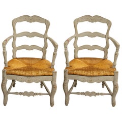 Antique Pair of Matching French Painted Armchairs with Rush Seat
