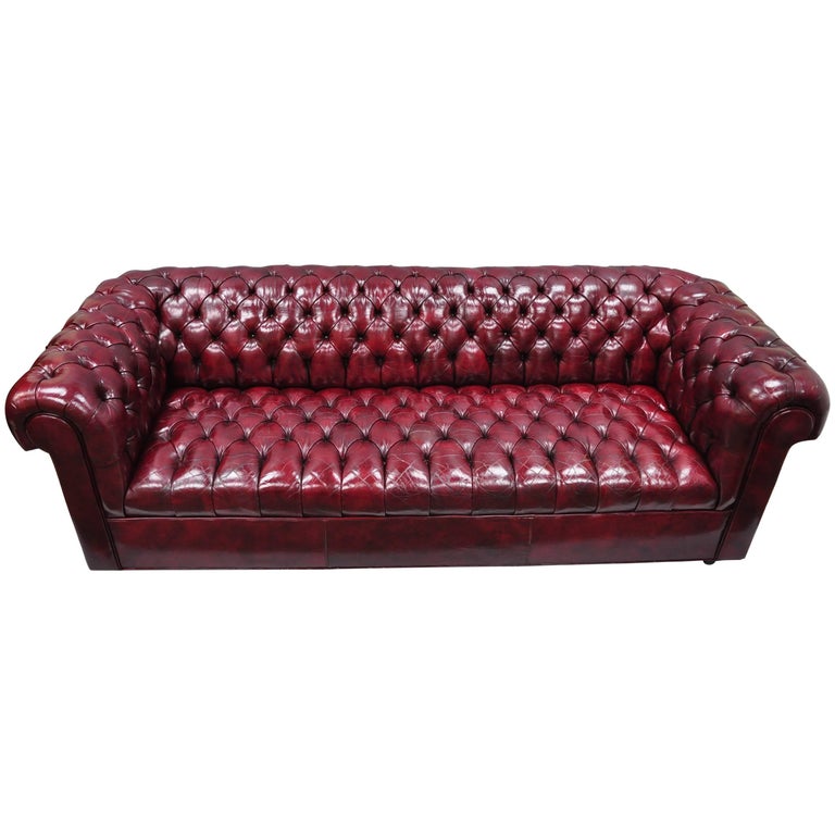 Large Oxblood Burdy Red Leather, Tufted Leather Couch Used