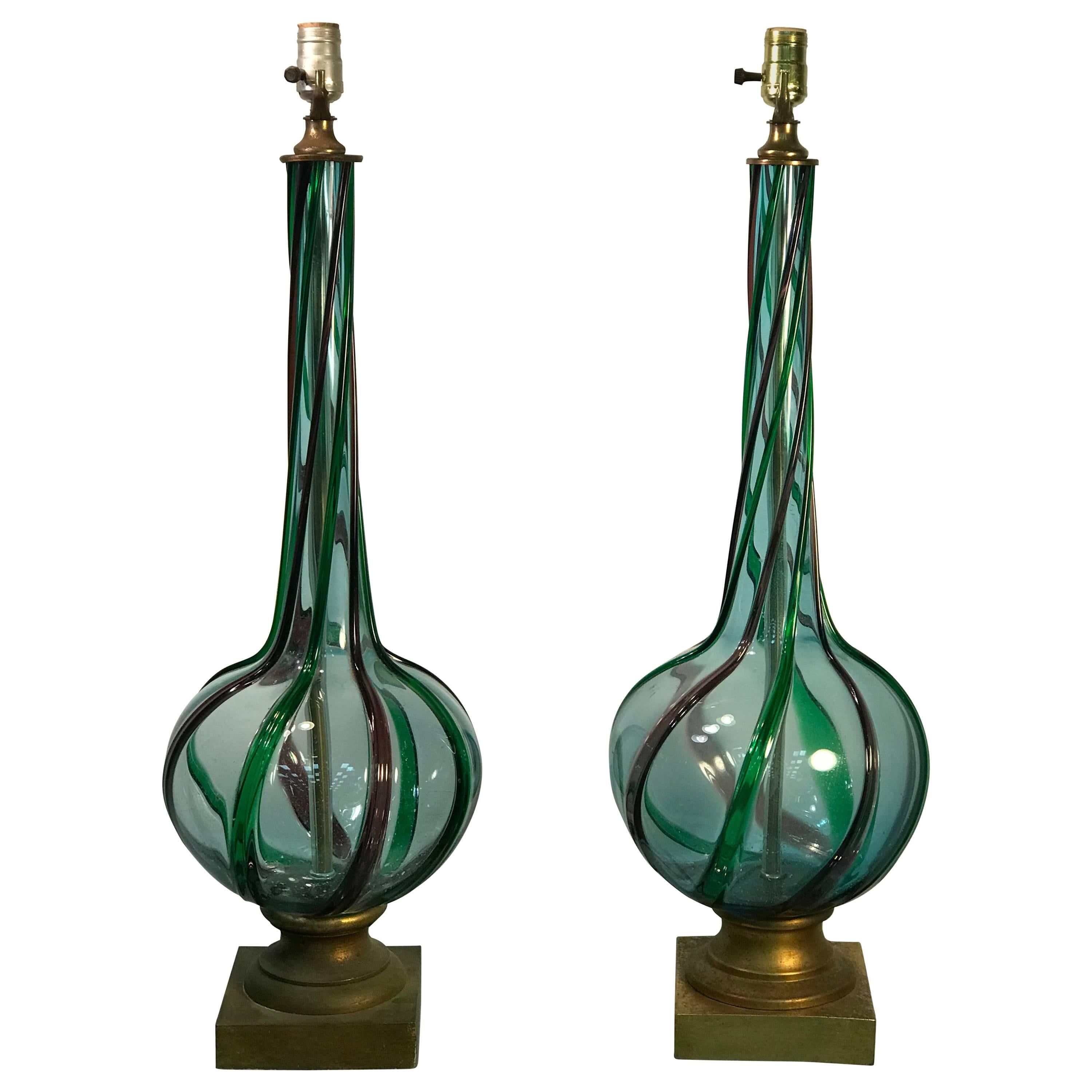 Pair of Modern Tri-Color Twist Murano Lamps For Sale