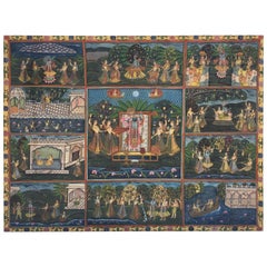 Grande peinture asiatique colorée en soie Pichhavai avec Krishna et des femmes Gopis