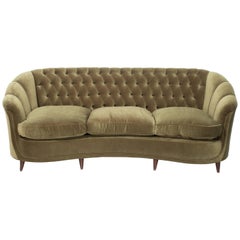 French Scalloped and Tufted Curved Sofa Newly Upholstered in Green Velvet
