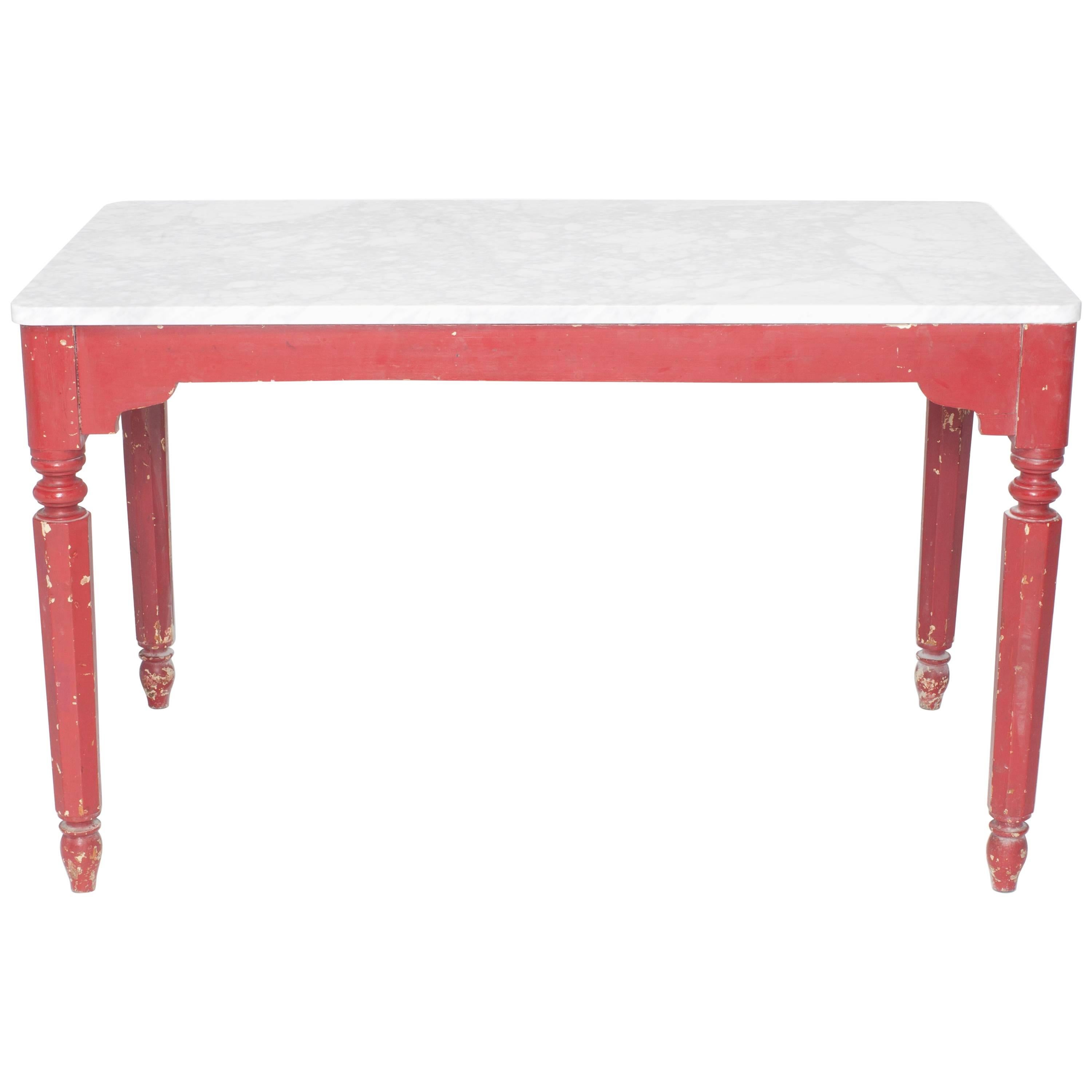 Painted Red Farm Table with Turned Legs and Marble Top