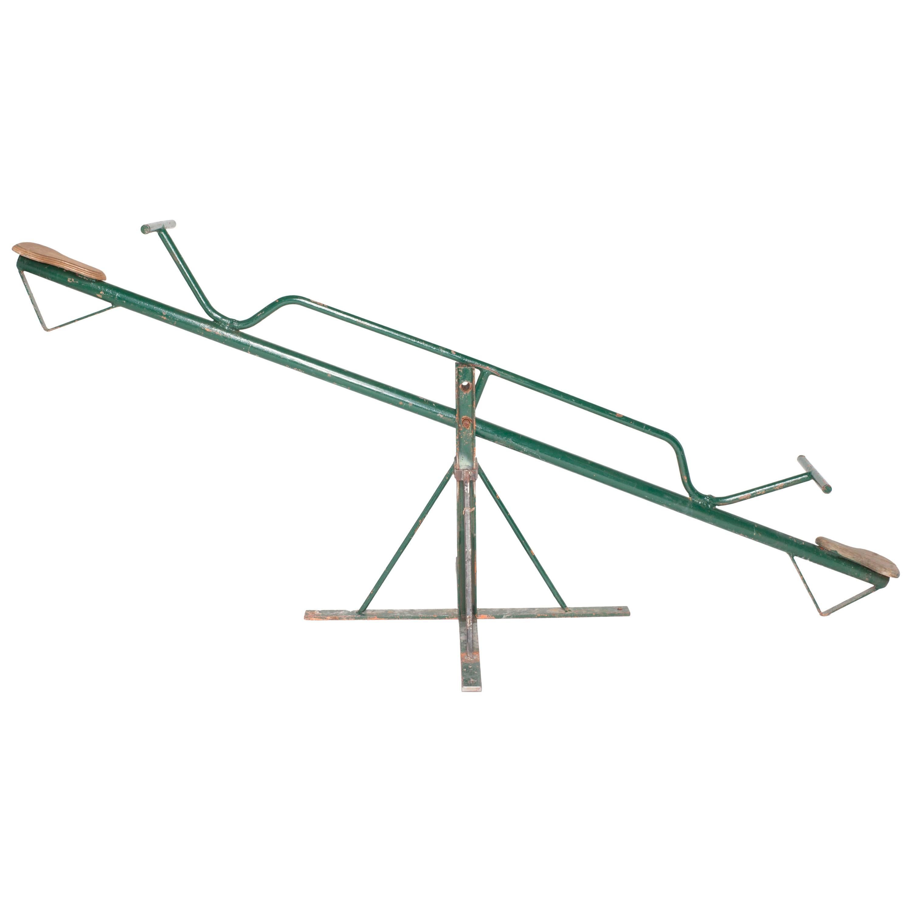 Vintage French Green Metal See Saw with Two Wooden Seats