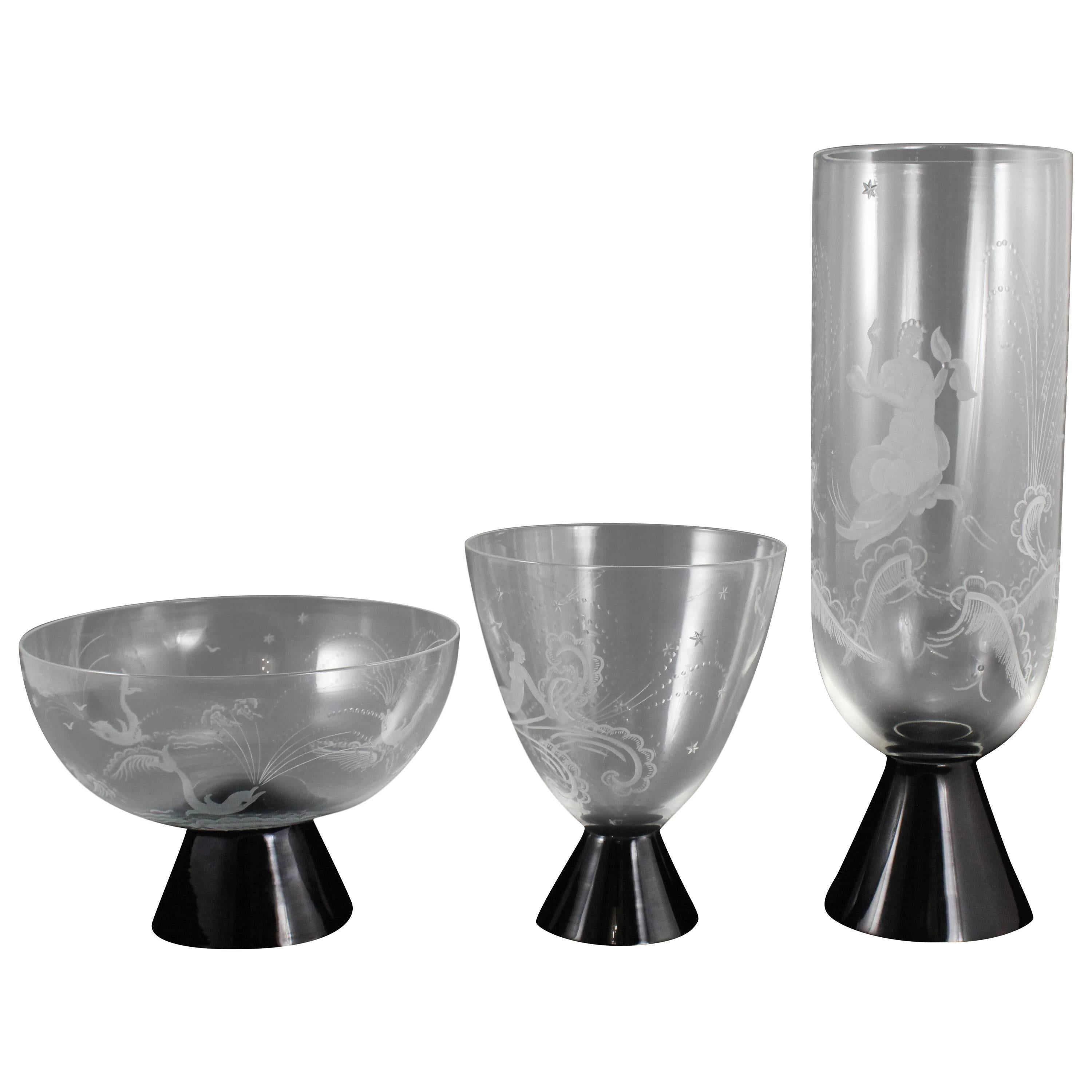 Trio of Engraved Art Deco Murano Vases by Guido Balsamo Stella For Sale