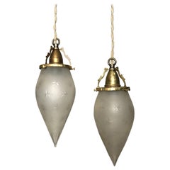 Pair Of Antique Etched Frosted Glass Teardrop Pendant Lights