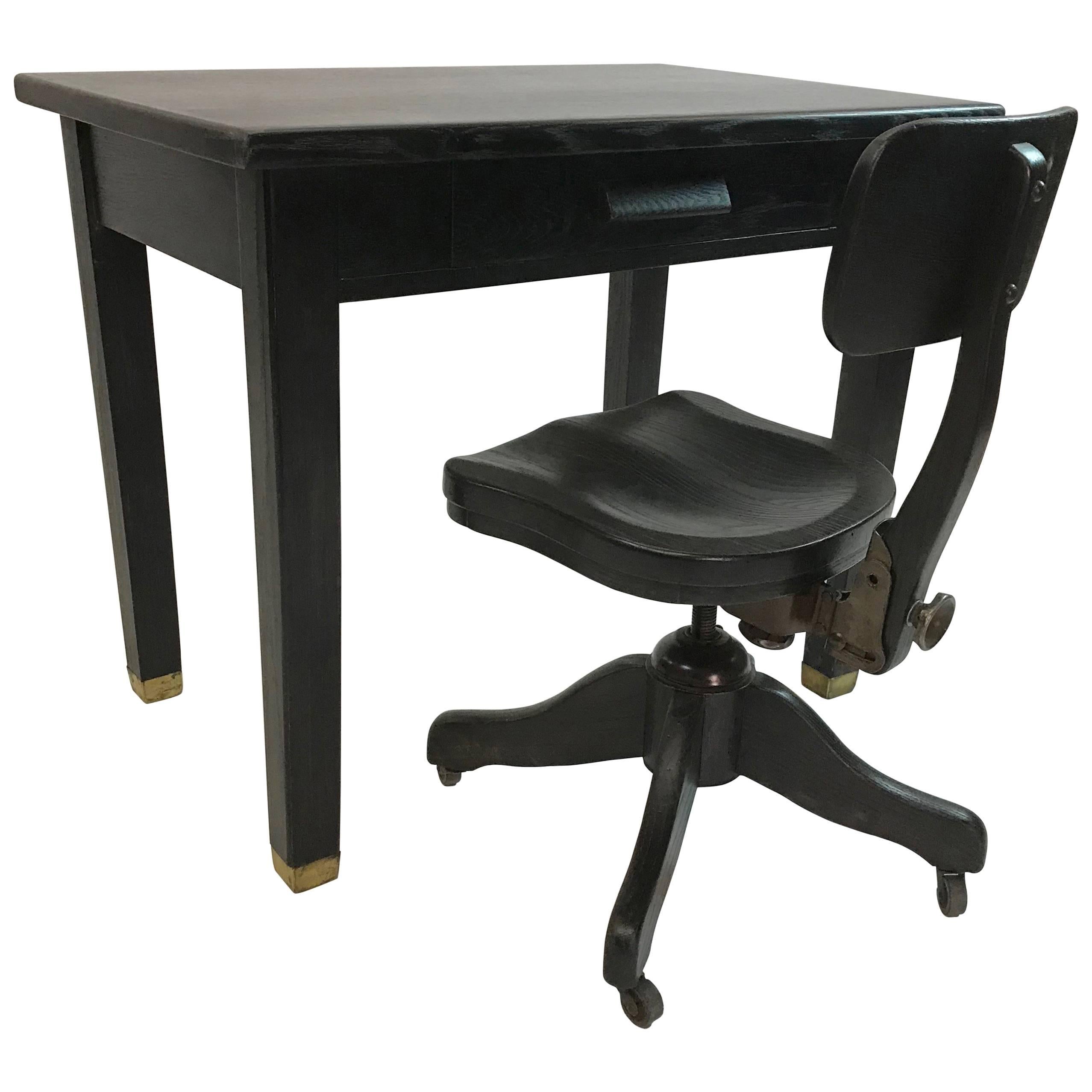 Ebonized Oak Library Desk and Matching Chair Set