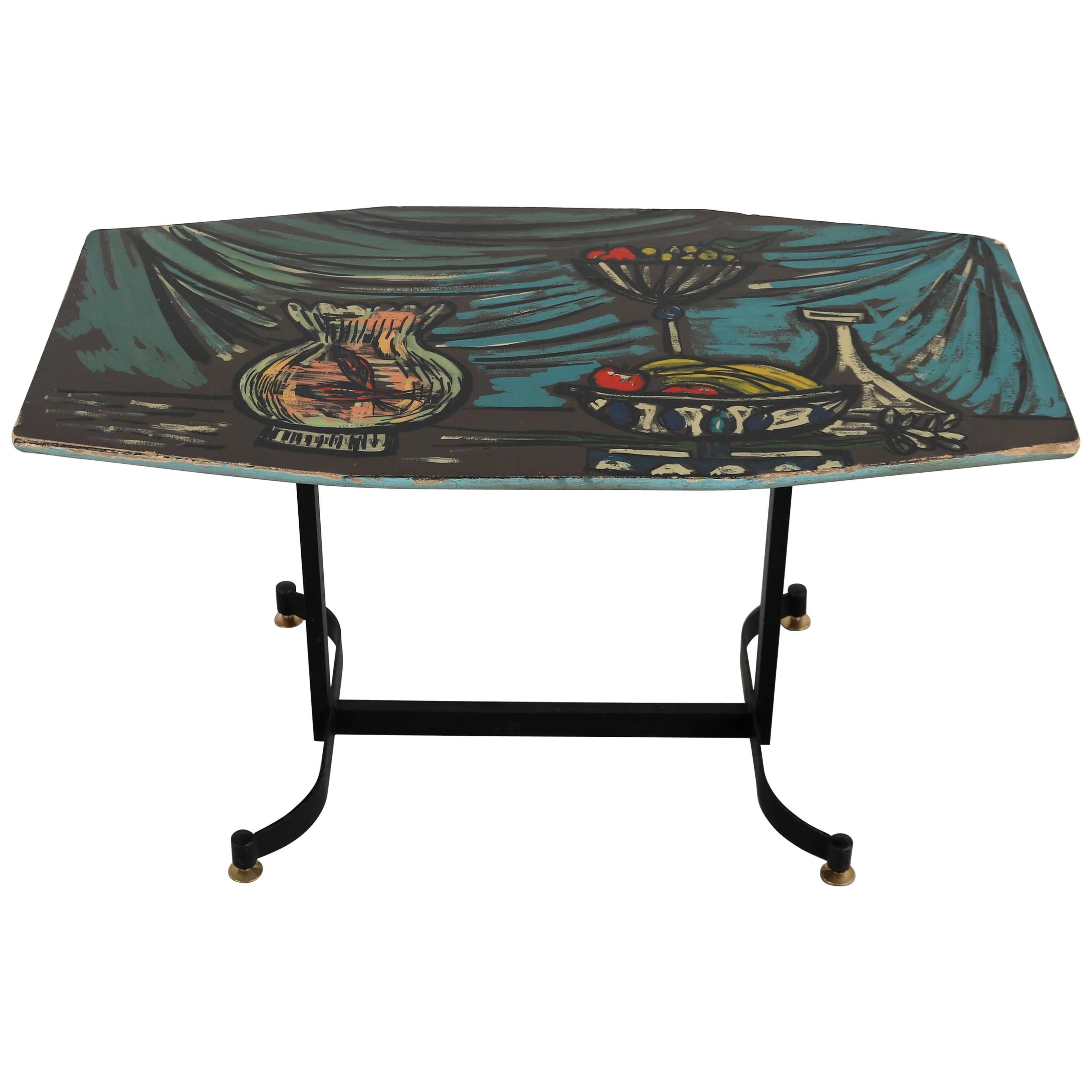 Italian Dark Sofa Table with Colorful Hand-Painted Motives on Table Top, 1950s For Sale