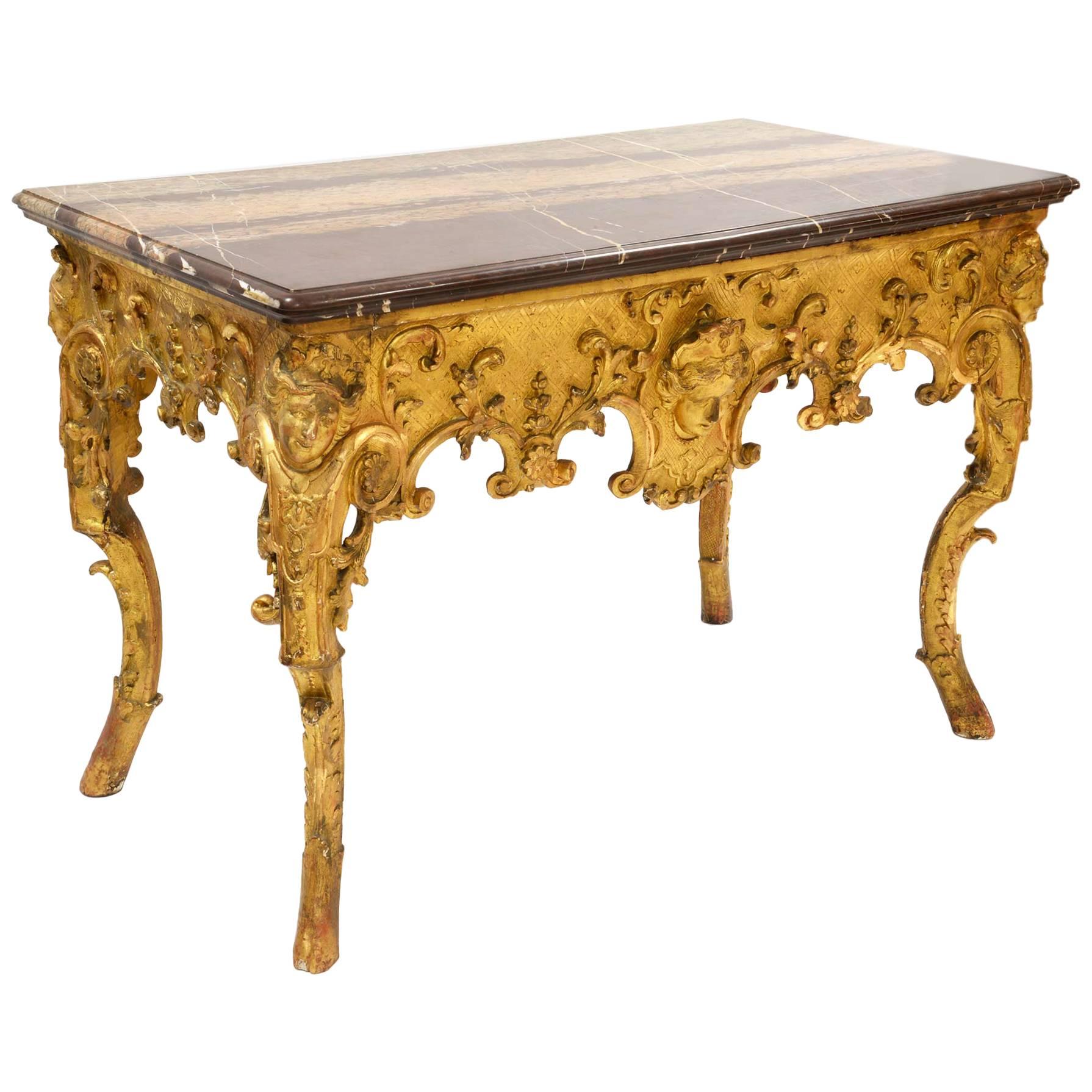 Regency Console, Louis XV in Gilded Wood and Red Marble For Sale