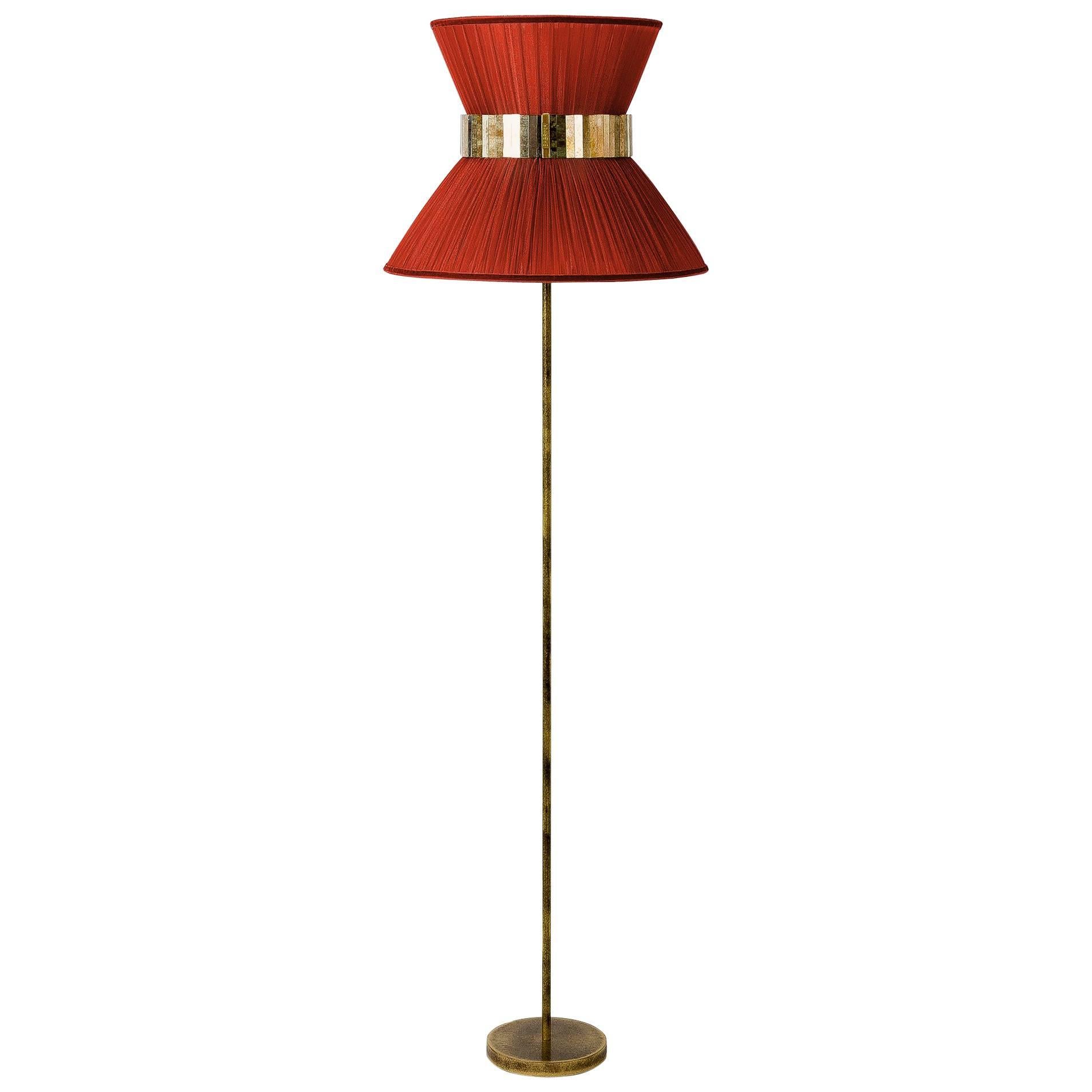 Tiffany contemporary Floor Lamp 40 Rust Silk, Antiqued Brass, Silvered Glass  