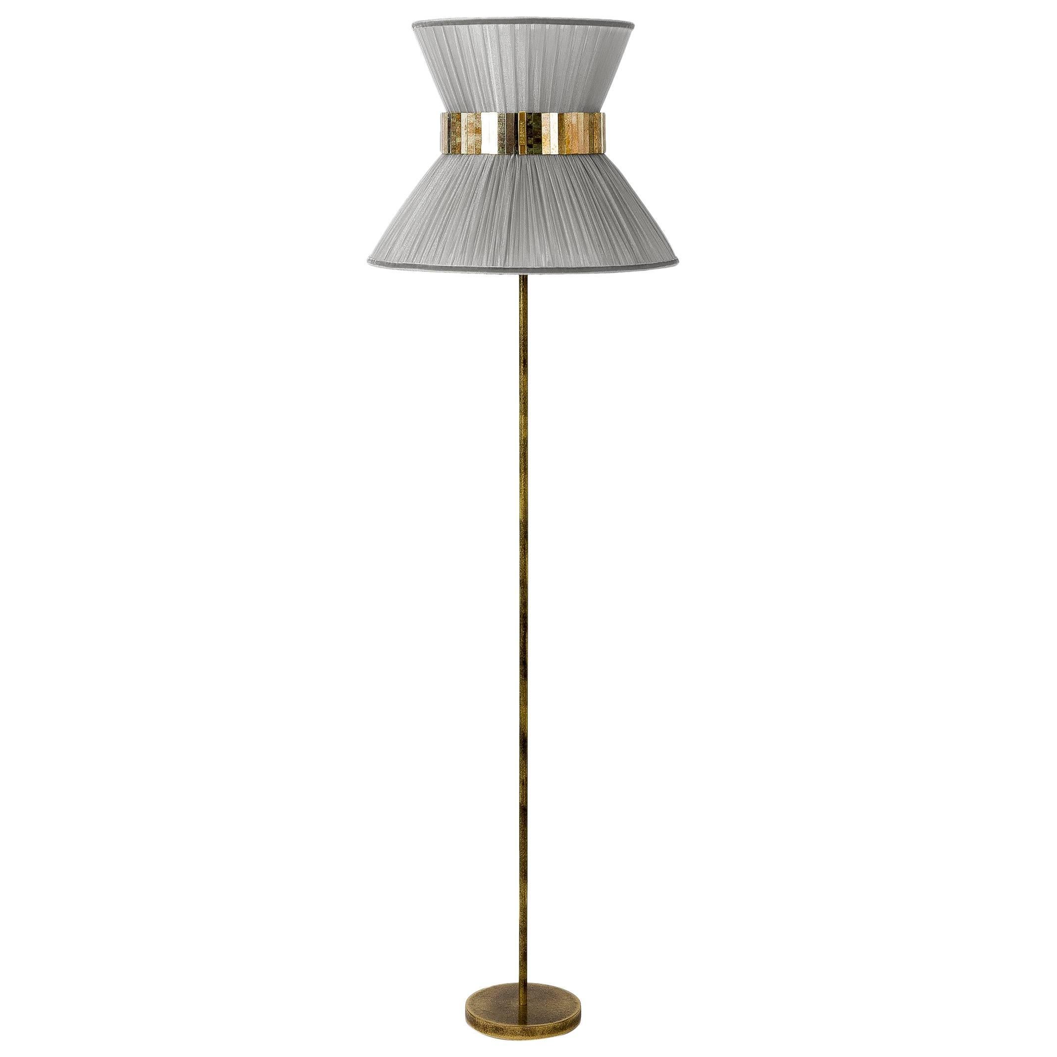 "Tiffany" contemporary  Floor Lamp 30 Silver Silk, Brass, Silvered Glass  