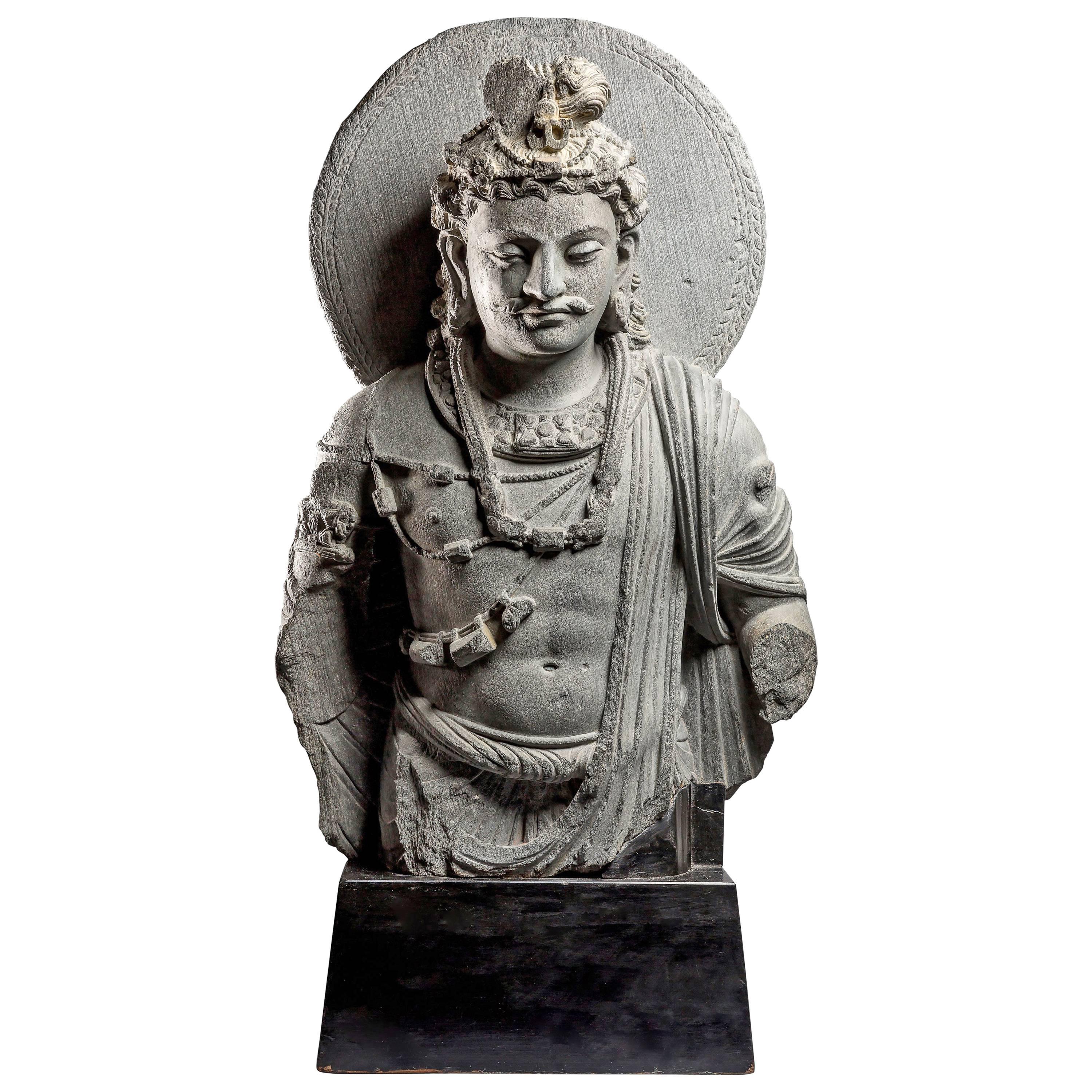 Gandharan Gray Schist Bust of Maitreya, 2th-3th Century For Sale