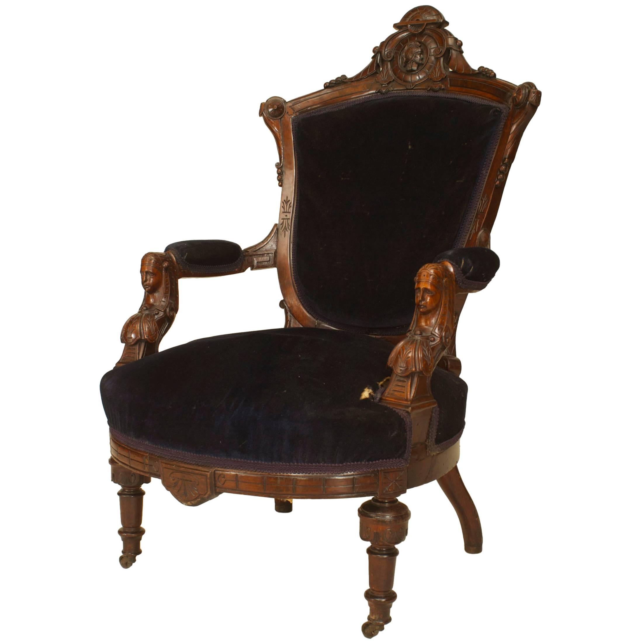 John Jellif & Co Victorian Eastlake Blue Velvet Arm Chair For Sale