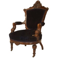 Antique John Jellif & Co Victorian Eastlake Blue Velvet Arm Chair