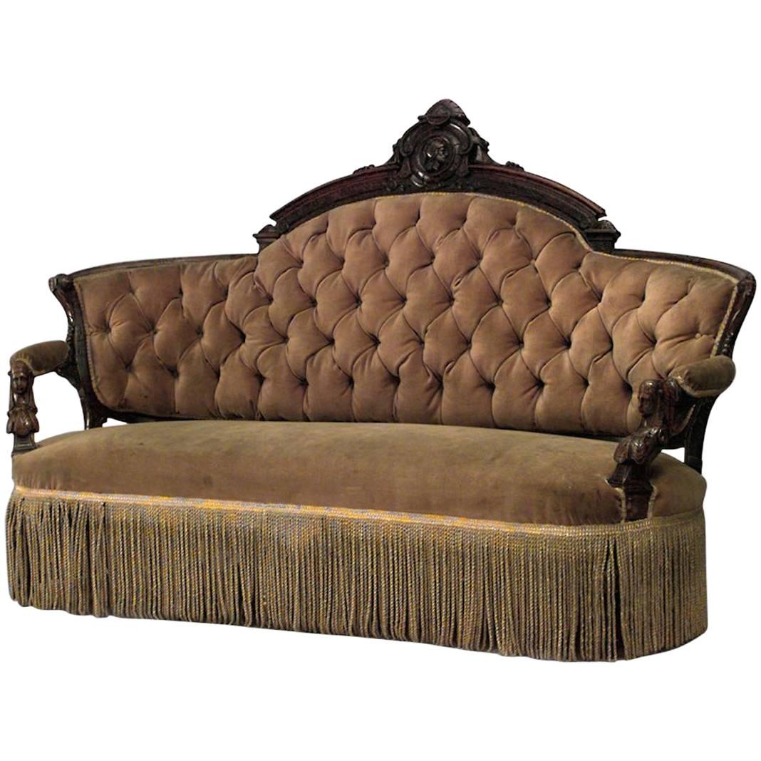 American Victorian Walnut Gold Upholstered Settee For Sale