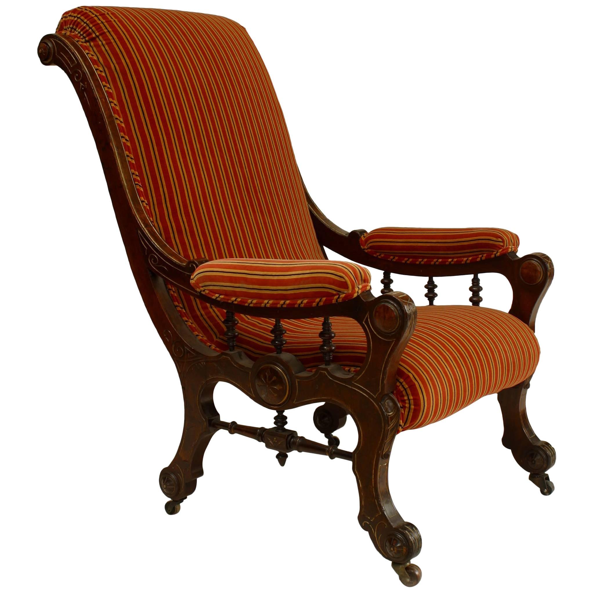 Hostatter American Victorian Eastlake Upholstered Walnut Sleigh Back Armchair For Sale