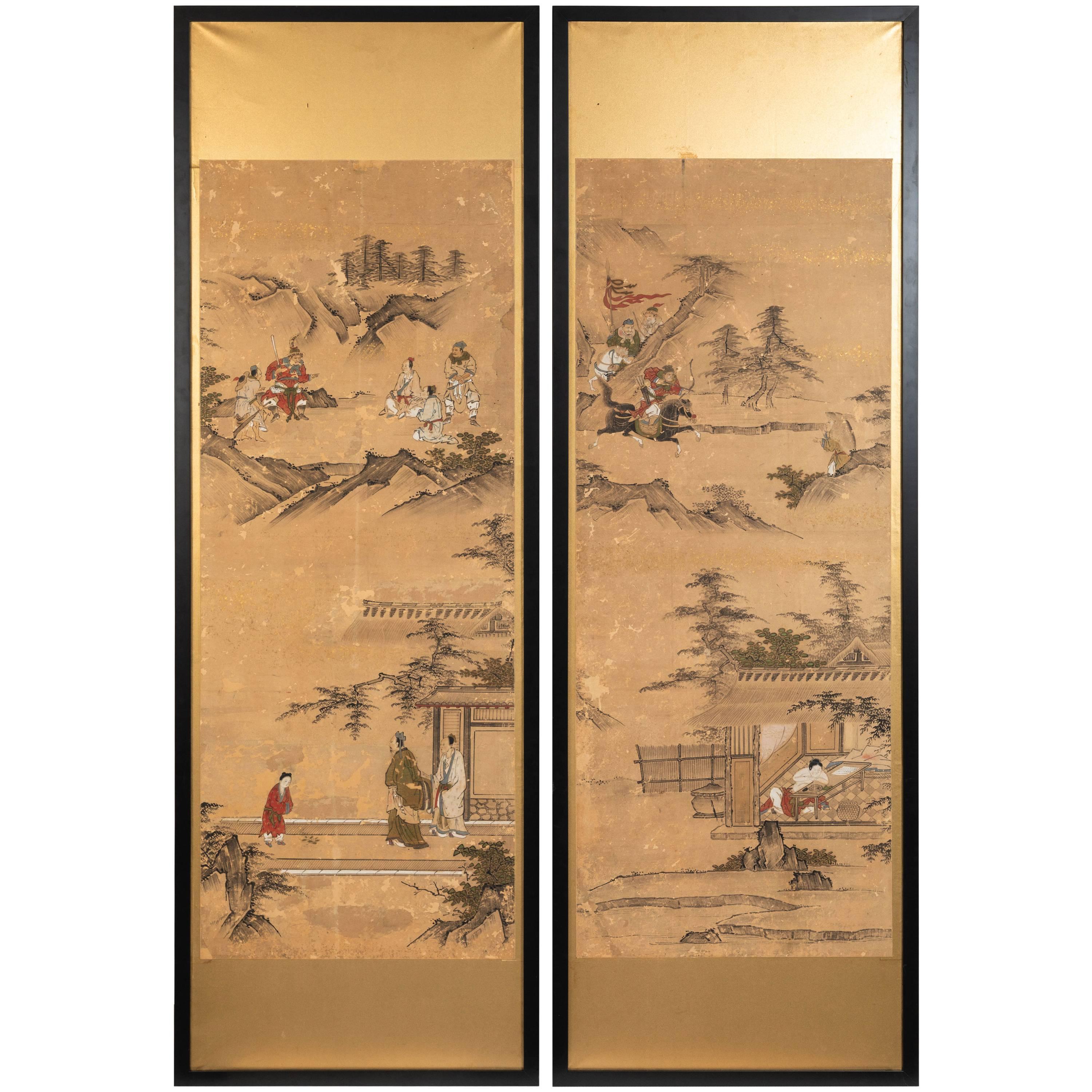 Antique Narrative Japanese Screen Panels on Gold Leaf, c. 1850-60