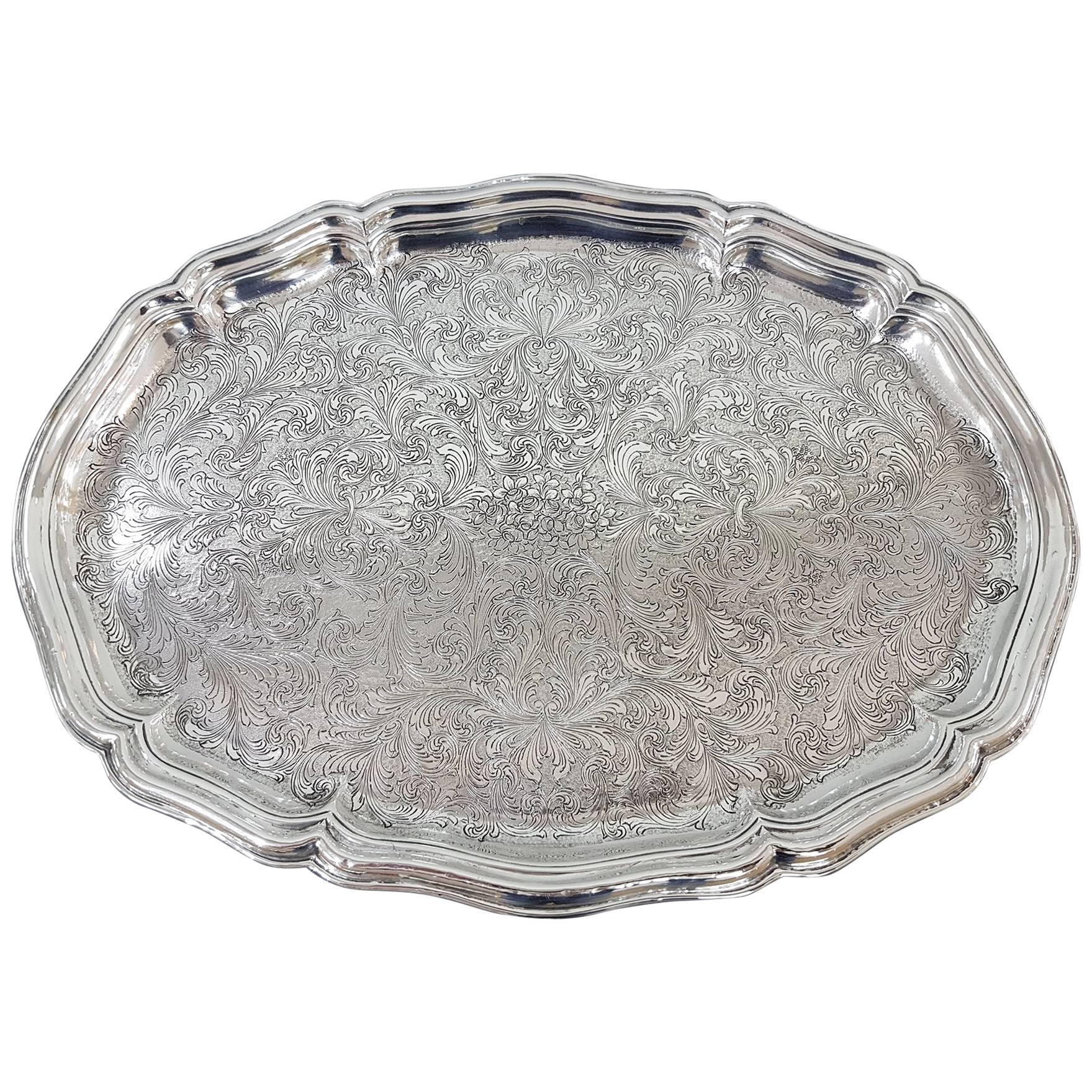 19th Century Italian Silver Oval Baroque Tray, Completely Engraved by Hand