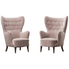 1940s Beige Fabric on Beech Legs Lounge Chairs