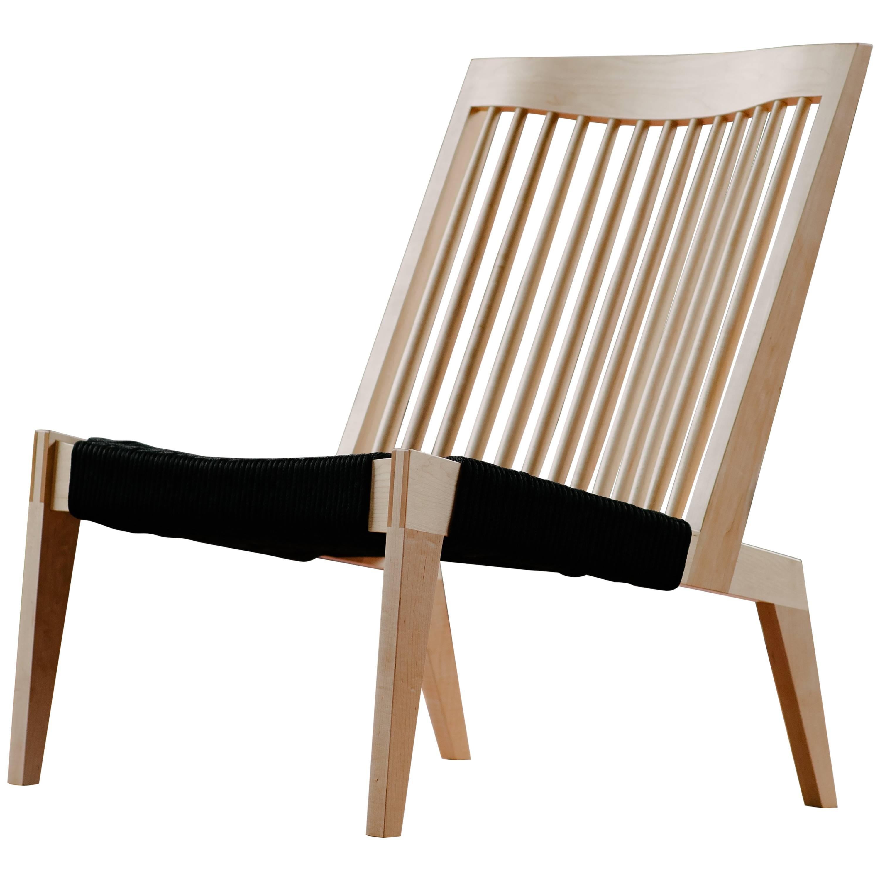 Swift Easy Chair, Handmade Modern Spindle Back Maple and Rope Woven Lounge Chair For Sale