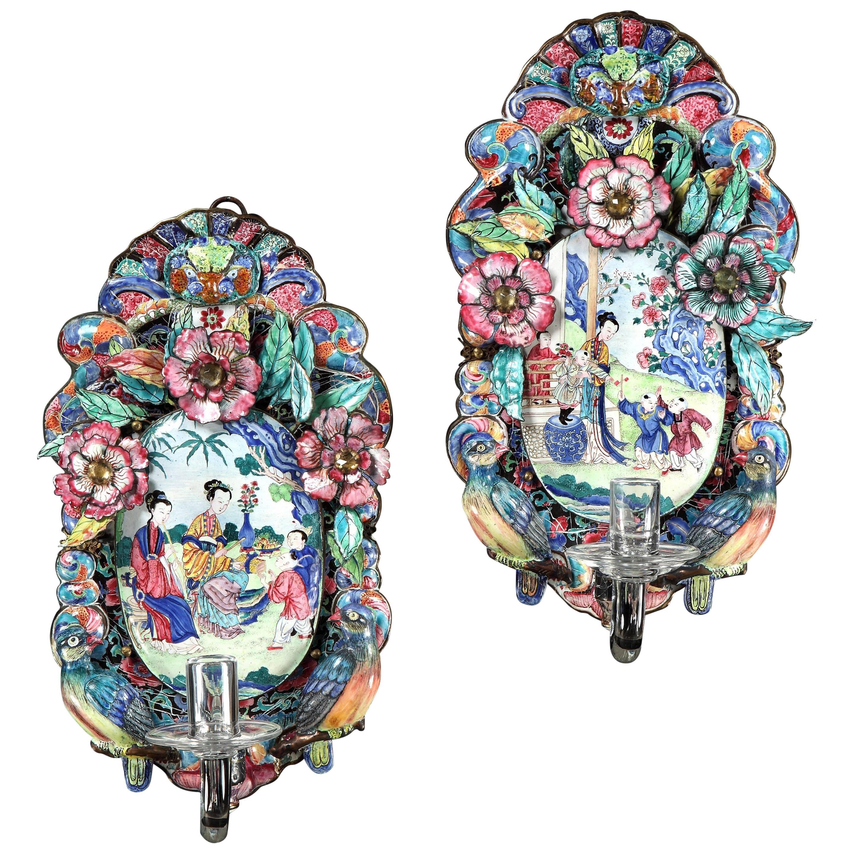 Pair of Chinese Export Qianlong Period Canton Enamel Wall Sconces For Sale