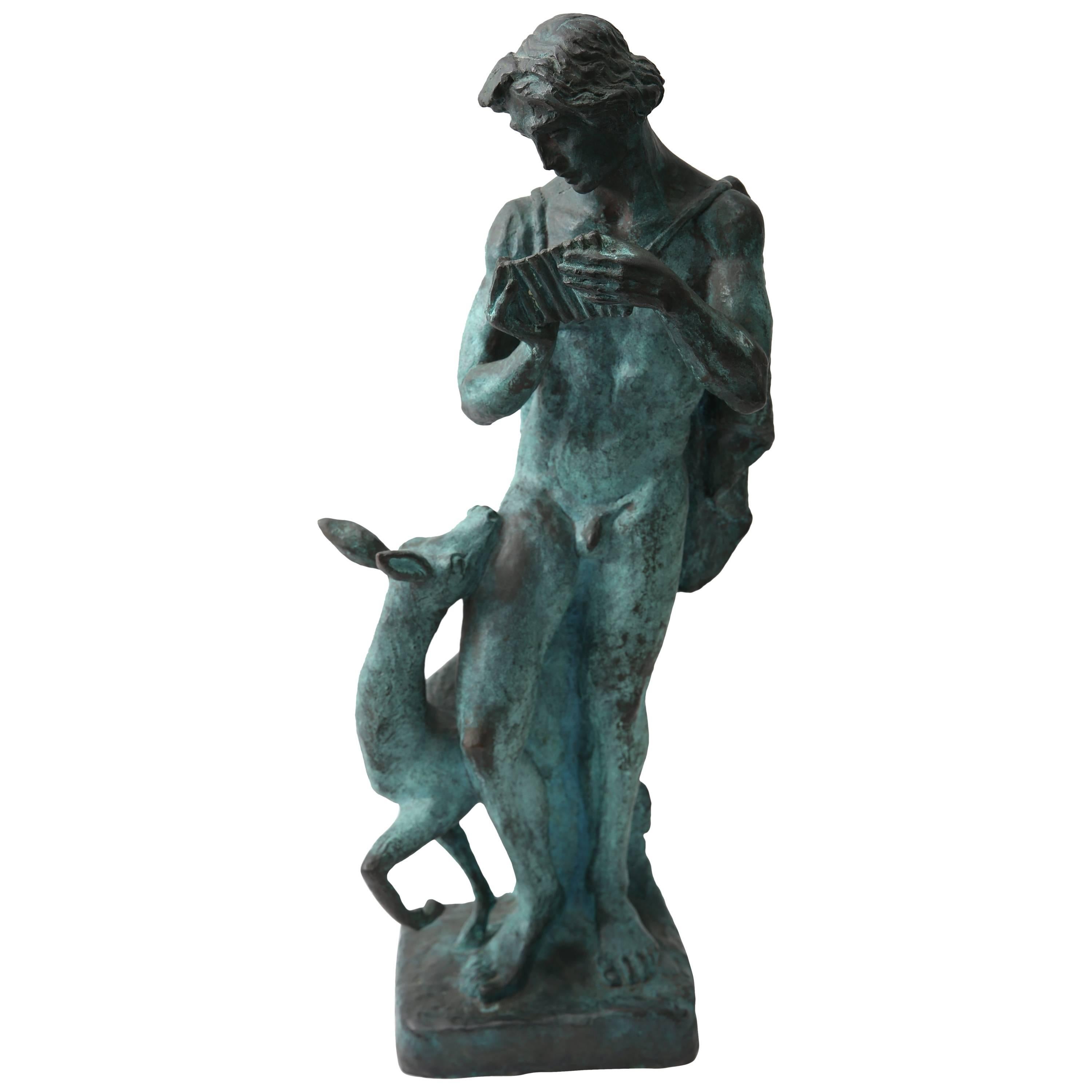 Patinated Bronze Sculpture Greek Shepherd Playing a Pan Flute 